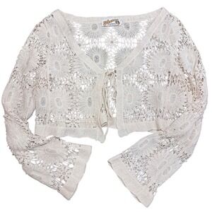 Crochet Lace Sunflower Shrug Tie Front Ivory Boho Bolero Festival Crop Top S/M